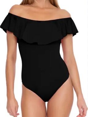 TRINA TURK Swim Off-Shoulder Ruffle Black One-Piece Swimsuit